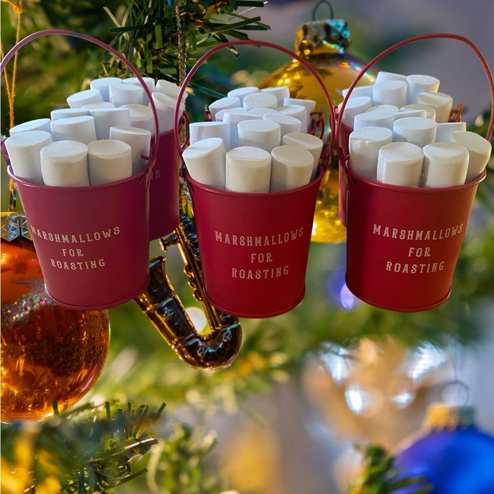 Red Marshmallow Roasting Buckets Ornaments. Set of 6